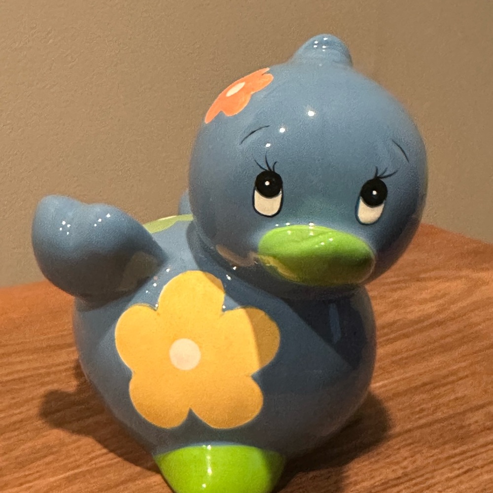 Blue Ceramic Duck Piggy Bank with Floral Design